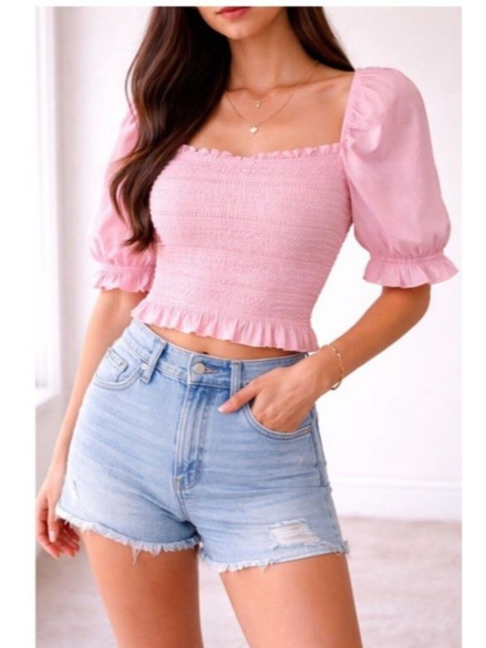 Anthropologie Dolan Smocked Top Size Medium Pink Puff Sleeve Ruffle Square Neck